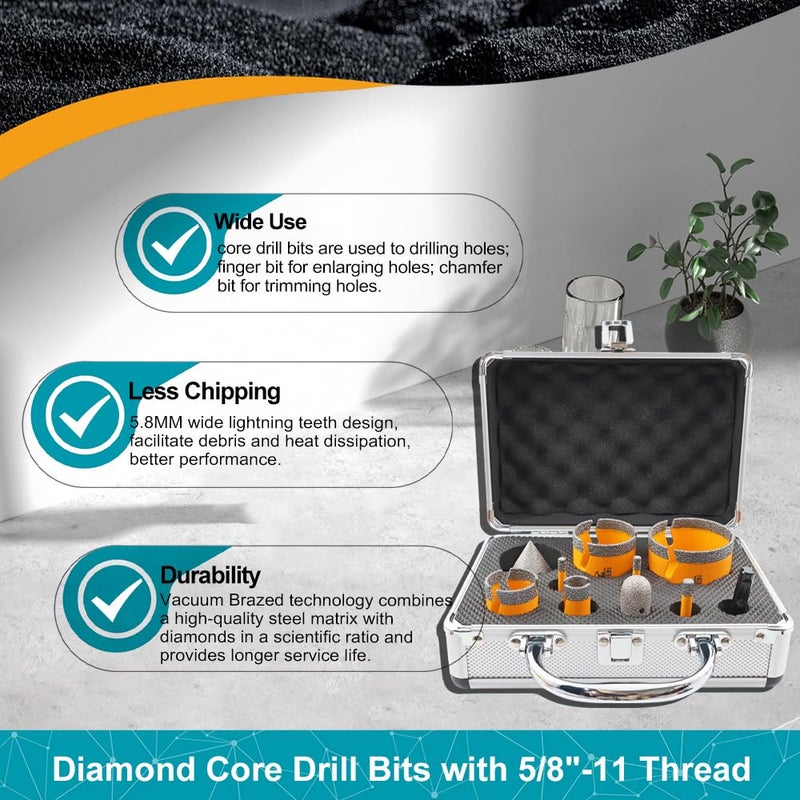 EXFEIN Daimond Tile Hole Saw Kit 10pcs - Diamond Core Drill Bits Set 6/6/8/19/35/50/65mm for Tile Porcelain Marble with 20mm Diamond Finger Bit and 50mm Chamfer Bit Trimming Holes & SDS Adapter - Image 3